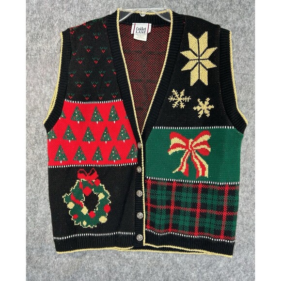 VTG Cricket Lane Christmas Sweater Vest Women's S Plaid Coquette Bow Wreath Tree - Picture 1 of 10